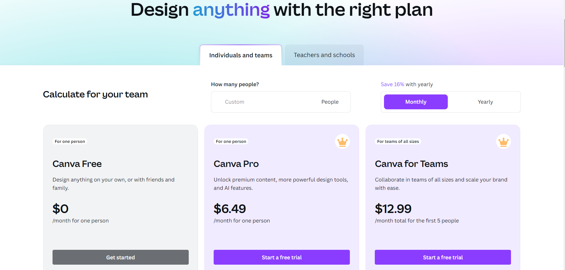 Canva.com price plans