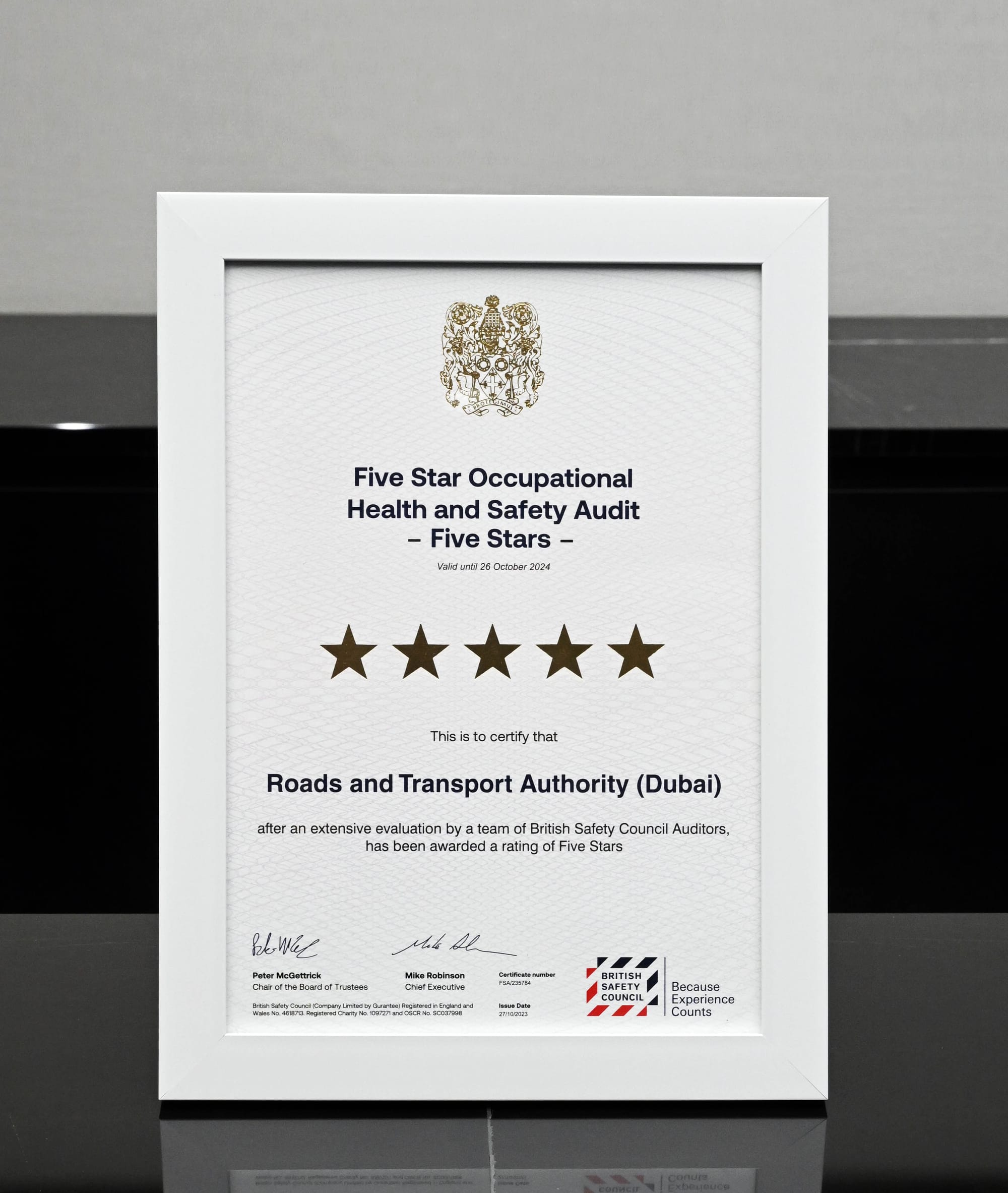 RTA has earned a five-star rating in the Occupational Health and Safety Audit from the British Safety Council.